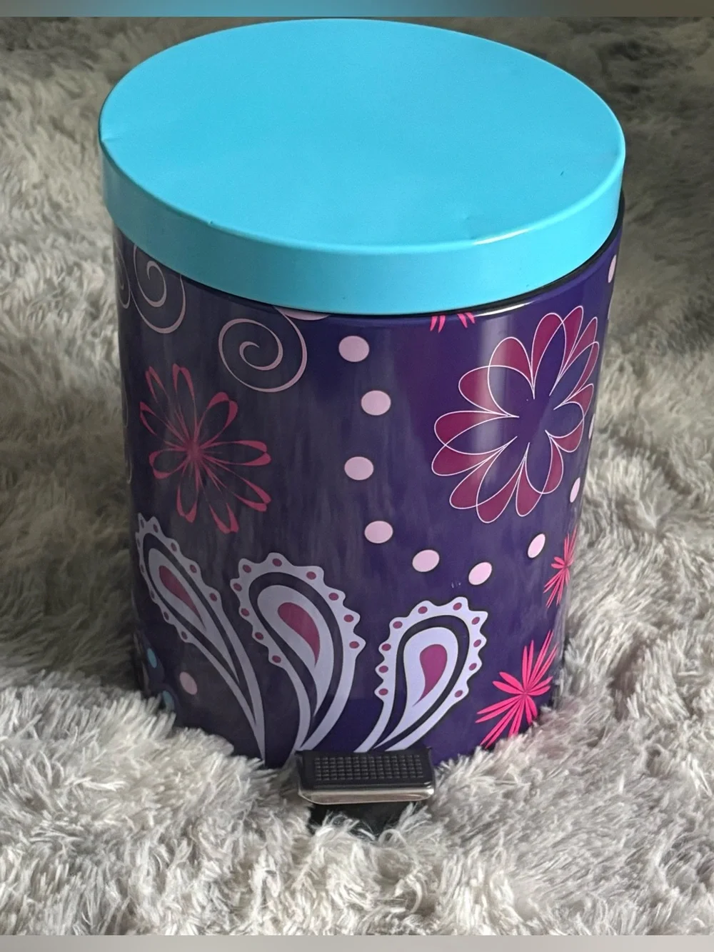Pedal step trash can metal paisley floral groovy dorm girls bedroom purple blue